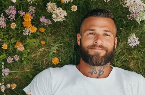 Man relaxing in flower field with a beard, tattoos, and a peaceful expression...