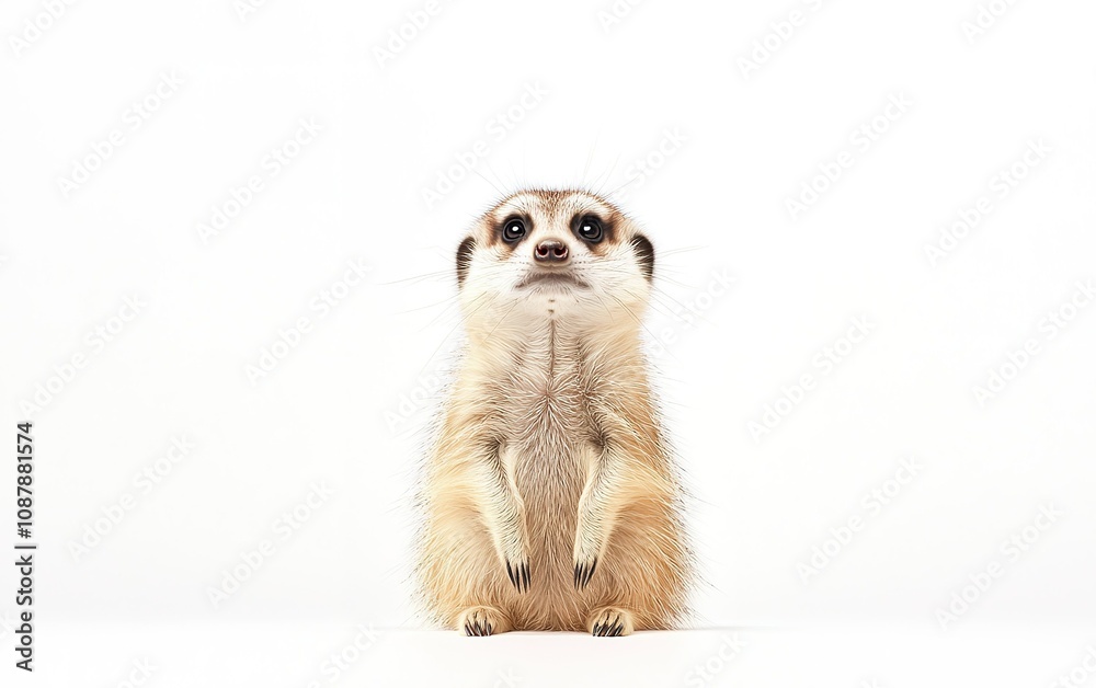 Obraz premium A curious meerkat stands upright, observing its surroundings with keen interest against a plain white background