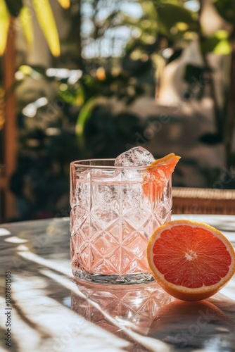 Refreshing grapefruit cocktail garnished with citrus slice in a bright outdoo...