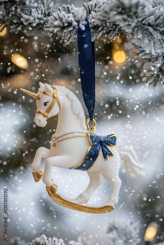 Decorative unicorn ornament hanging on a snowy tree with festive lights durin...