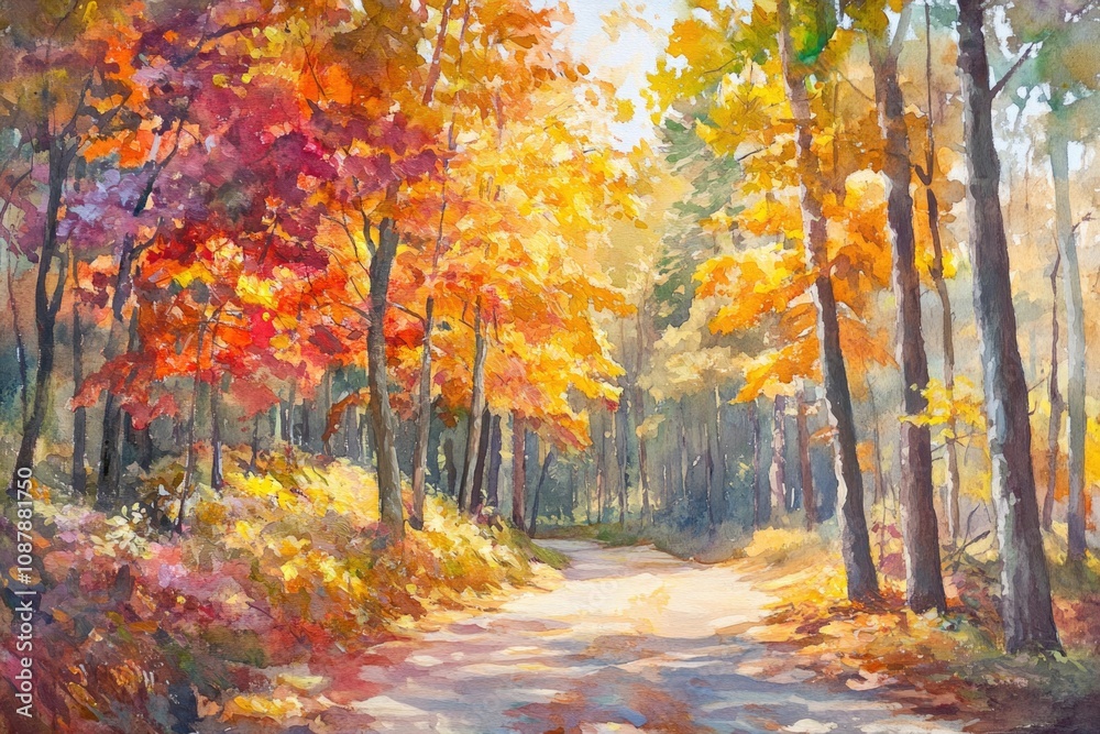 Fototapeta premium A scenic dirt road winding through dense forest trees