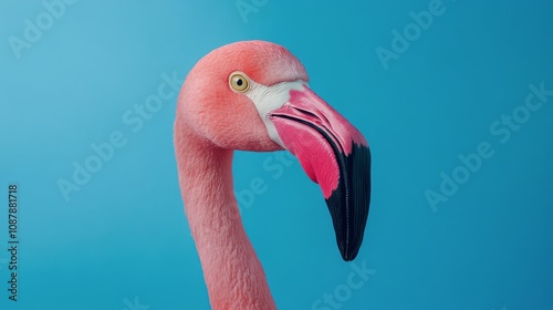 A close up of a flamingos head against a bright blue background during midday