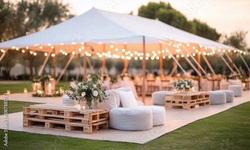 Elegant outdoor wedding reception with cozy seating and twinkling lights at dusk