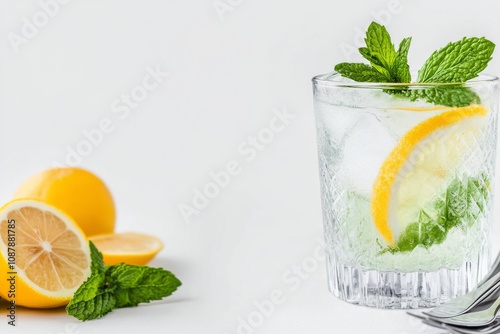 Refreshing lemon mint drink served in a clear glass with ice on a white backg...