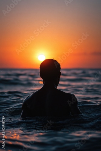 A person floating on water with the sun setting behind them photo