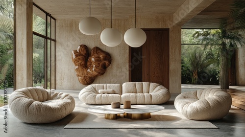 Here's a description and keywords for your image... Luxurious living room with beige tufted sofas, organic wood art, and large windows overlooking lush greenery. photo