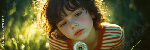 Young girl lying in grass, holding dandelion, enjoying a sunny day in natures...