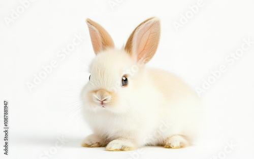 Adorable fluffy white rabbit sitting calmly on a light background during a bright and cheerful afternoon