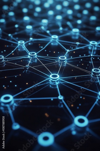 Abstract digital network of blue glowing nodes and connections in a dark envi...