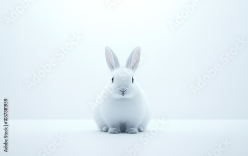 A fluffy white rabbit sits calmly on a plain surface against a bright, minimalist background during a serene moment