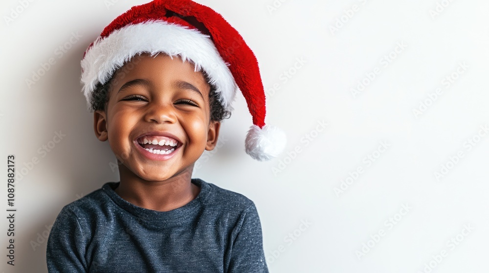 Bright-eyed child wearing a playful red Santa hat smiles joyfully, radiating holiday spirit and warmth. The light background enhances the cheerful atmosphere perfect for Christmas cards Bright-eyed child wearing a playful red Santa hat smiles joyfully, radiating holiday spirit and warmth. The light background enhances the cheerful atmosphere perfect for Christmas cards