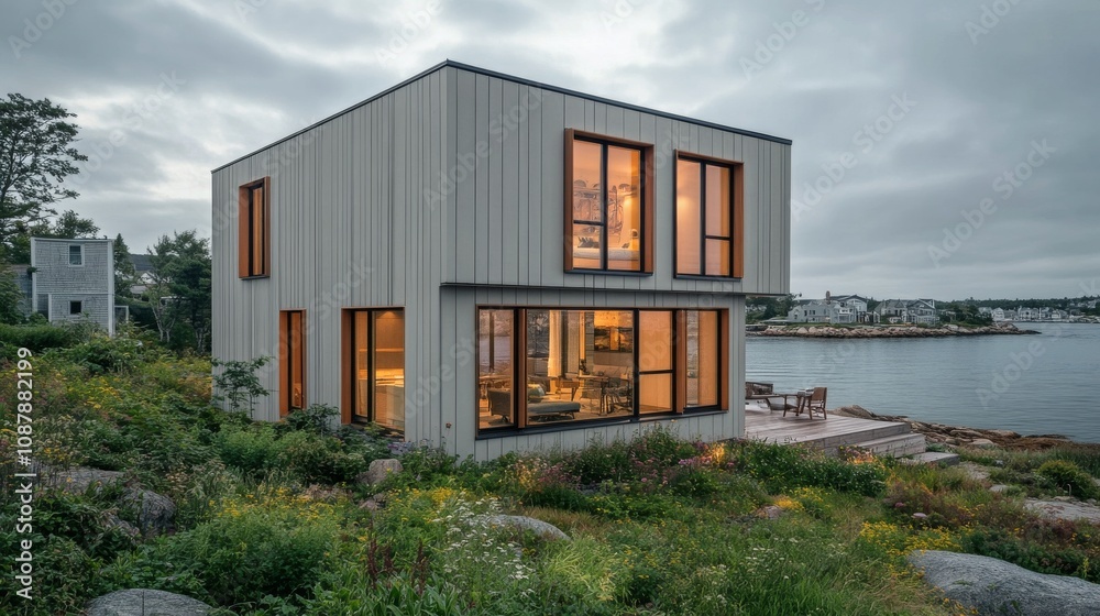 Modern lakeside house at twilight with large windows and serene surroundings Modern lakeside house at twilight with large windows and serene surroundings