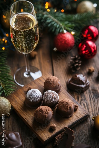 Festive celebration with champagne glasses and chocolate truffles during holi...