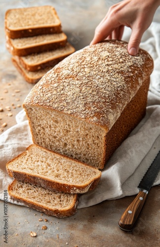 Freshly baked bread being sliced on a wooden countertop with a hand reaching ...