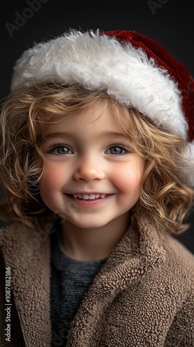 A delightful child wearing a festive red Santa hat beams with happiness. The light-colored backdrop enhances the cheerful atmosphere, perfect for holiday celebrations and festive greetings