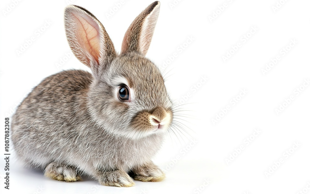 A fluffy grey rabbit sitting quietly on a white background during the afternoon light A fluffy grey rabbit sitting quietly on a white background during the afternoon light