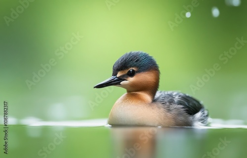 A young duckling swimming peacefully in a tranquil pond during a sunny day