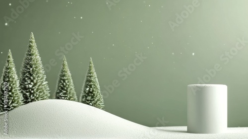 Snowy landscape with evergreen trees and a cylindrical object during winter s...