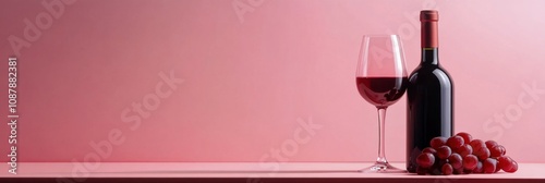 Elegant red wine bottle and glass beside fresh grapes on a soft pink background