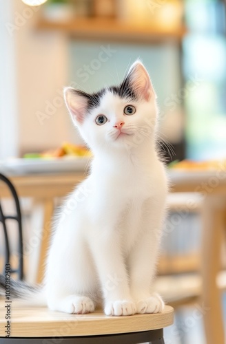 Cute white kitten sitting in a wicker basket at a cozy cafe during a sunny day
