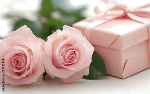 Delicate pink roses and cosmetic cream jar arranged on a white background for...