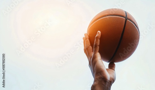 Two hands reaching for a basketball in a bright outdoor setting during a game...