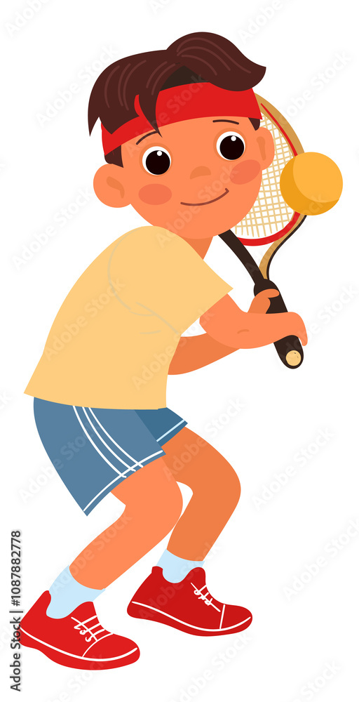 Boy playing tennis. Cartoon kid outdoor activity Boy playing tennis. Cartoon kid outdoor activity