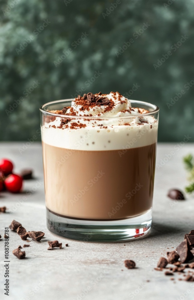 Creamy coffee drink with whipped cream and chocolate shavings on a gray background Creamy coffee drink with whipped cream and chocolate shavings on a gray background