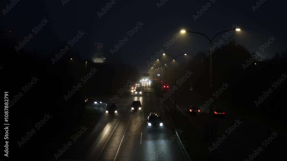 A dark highway scene illuminated by streetlights and the headlights of moving vehicles. Foggy weather adds an atmospheric touch, with light reflections on the wet road creating a cinematic effect. A dark highway scene illuminated by streetlights and the headlights of moving vehicles. Foggy weather adds an atmospheric touch, with light reflections on the wet road creating a cinematic effect.
