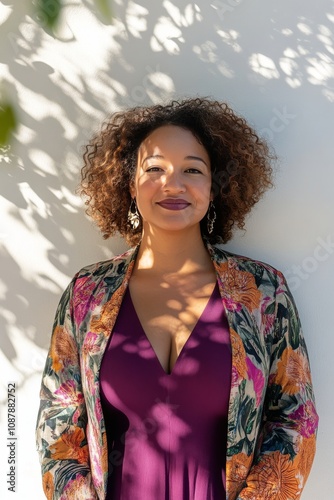 Cheerful woman with curly hair wearing floral shawl enjoying a sunny day outd...