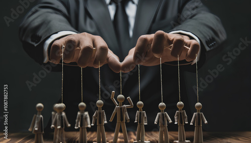 Man in formal suit pulling strings of office staff puppet on dark background photo