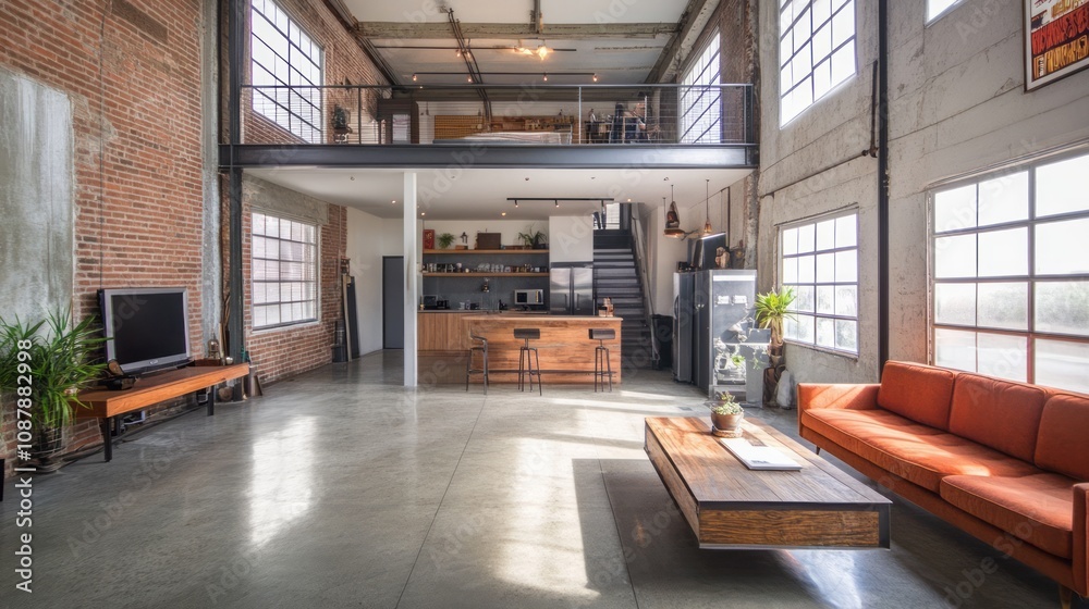 Fototapeta premium Modern Loft Apartment With Exposed Brick And Large Windows