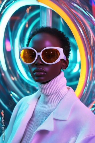 Stylish person in white sunglasses poses against vibrant neon lights at night