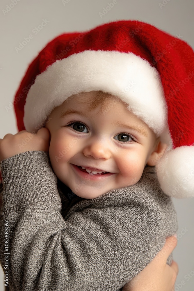 Charming young child wears a bright red Santa hat and a cozy gray sweater, radiating joy with a sweet smile Charming young child wears a bright red Santa hat and a cozy gray sweater, radiating joy with a sweet smile