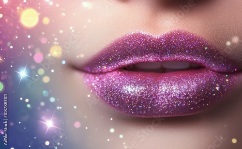 Close up of sparkling lips with shimmering glitter under colorful lights at a...