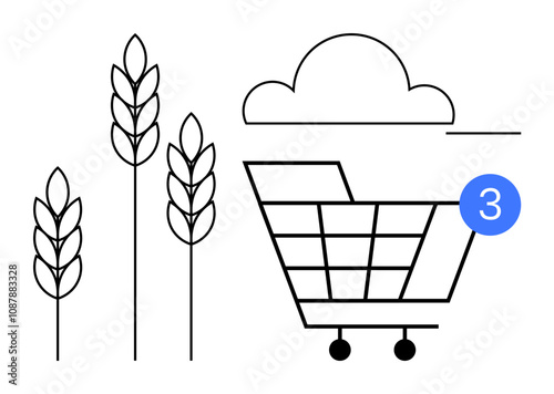 Shopping cart with notification bubble 3 alongside wheat stalks and cloud. Ideal for grocery, farming, e-commerce, inventory, environment, notifications, storage. Line metaphor