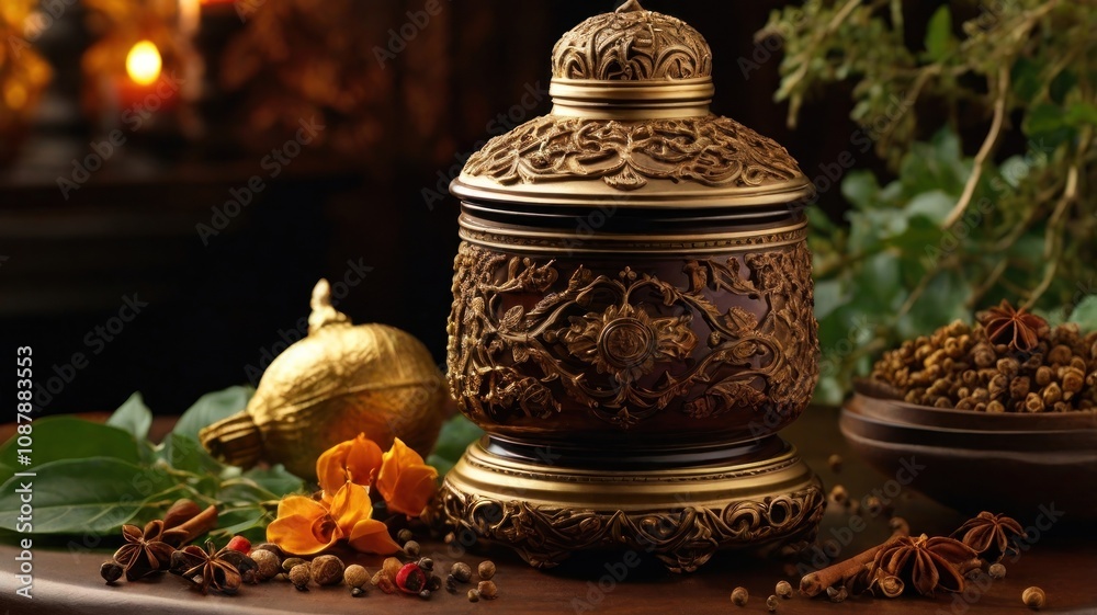 An ornate golden jar with spices and herbs on a wooden table. An ornate golden jar with spices and herbs on a wooden table.