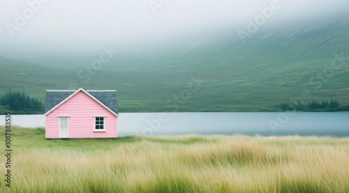 A small pink house surrounded by green grass near a serene lake with mountain...