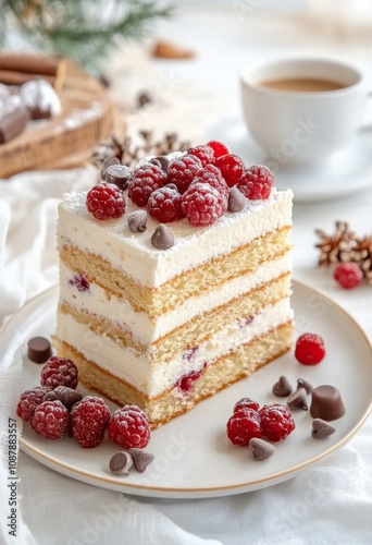 Delicious layered cake with mixed berries served on a plate during a delightf...