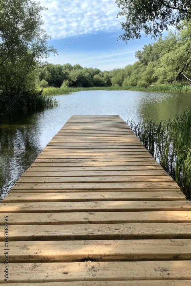 Fototapeta premium Wooden dock extending into calm water surrounded by lush greenery on a sunny day