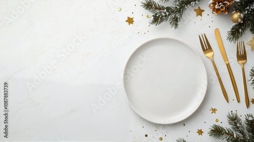 Elegant holiday table setting with white plate and golden utensils on a festi...