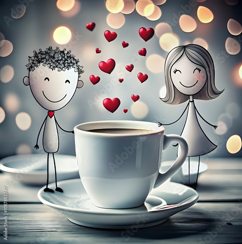 Cartoon couple holding hands near coffee cup with floating hearts representing love and valentine's day