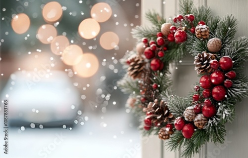 Beautiful winter wreath adorned with red ornaments and pinecones against a sn...