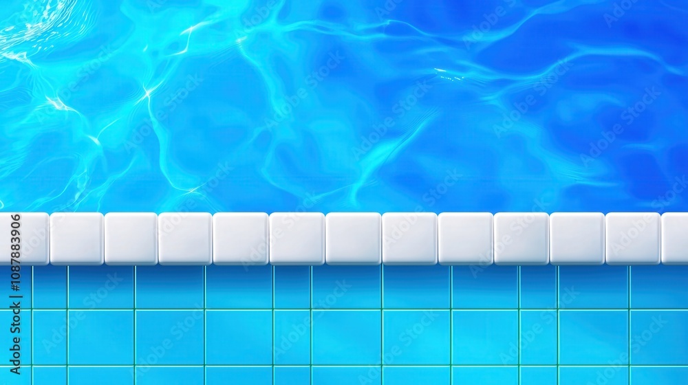 Obraz premium Overhead view of a white-tiled pool edge with vibrant, rippling blue water and shimmering light. Healthy living and sports-inspired concepts.