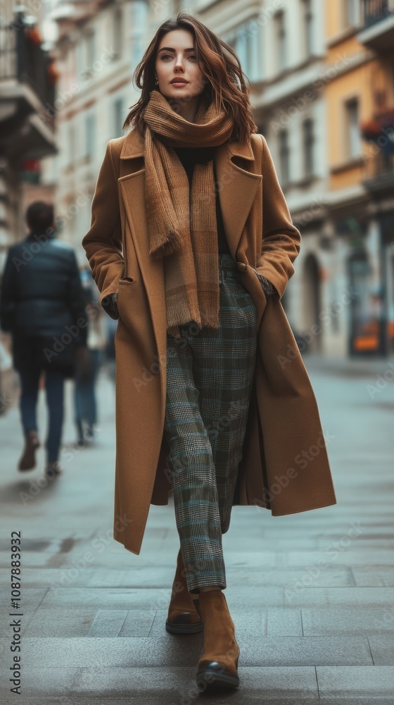 Woman in autumn stylish fashion brown long coat, scarf and plaid pants walking in the city. Female casual street style outfit. Film grain effect