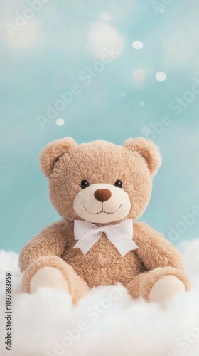 Soft bear sitting on fluffy clouds with blue background during a serene moment