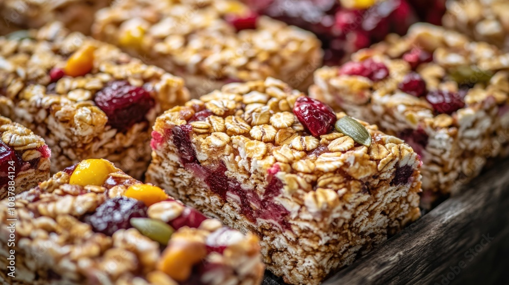 A close-up shot of a tray of granola bars, suitable for use in food-related content, such as recipes or product promotions