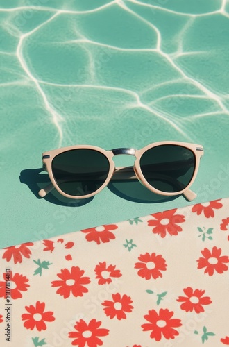 Bright sunglasses on a tropical patterned towel by a shimmering pool during a...
