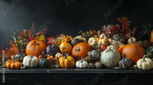 Autumn harvest display with pumpkins and colorful leaves in a rustic setting