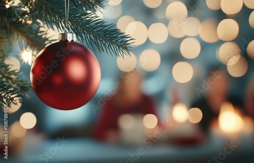 Family gathering around Christmas tree with festive decorations and joyful am...